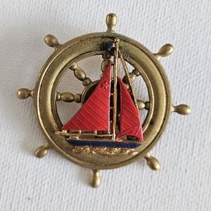 Vintage Nautical Sailboat And Wheel Brooch Pin